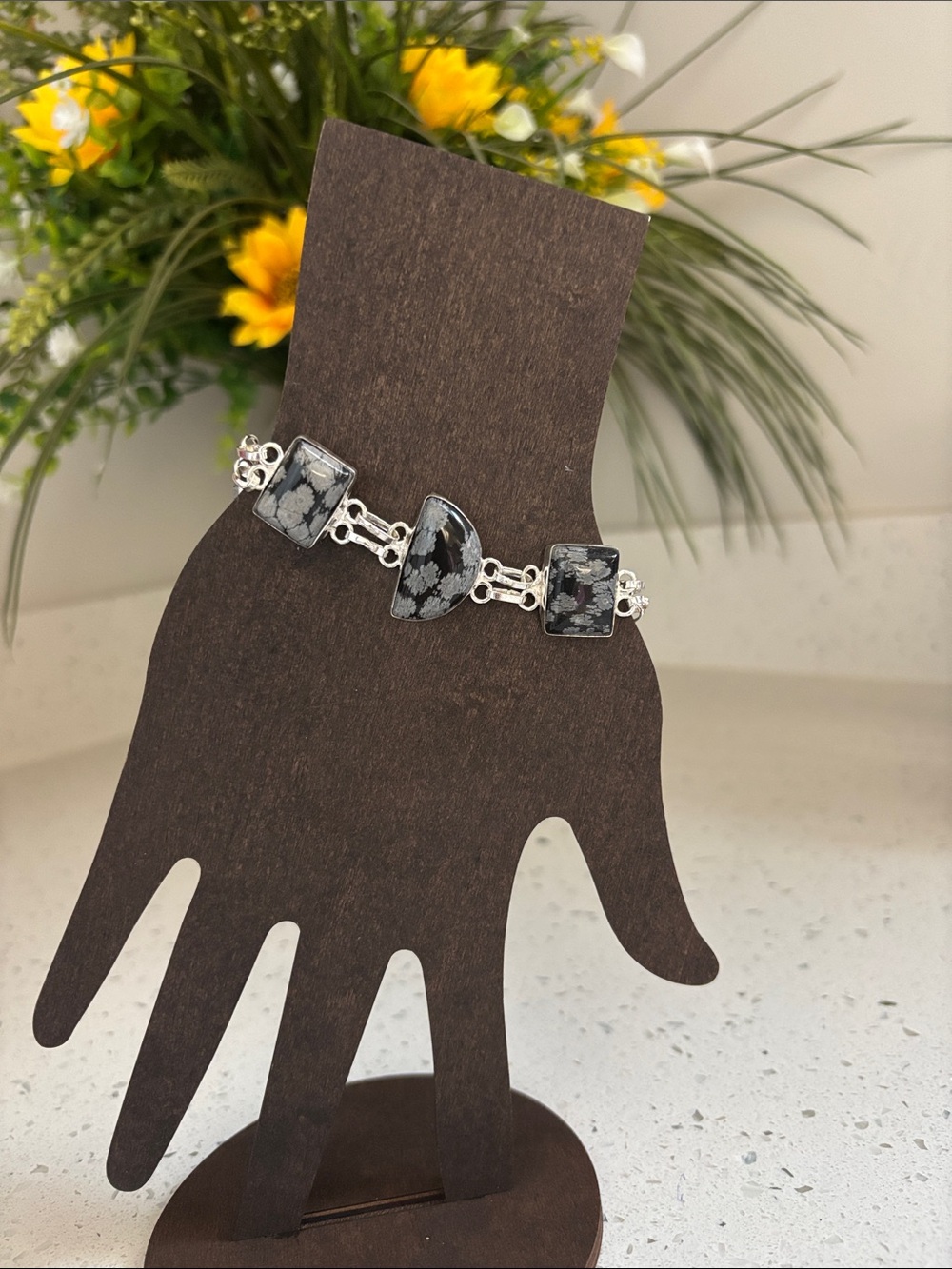 Silver Snowflake Obsidian Gemstone Link Bracelet